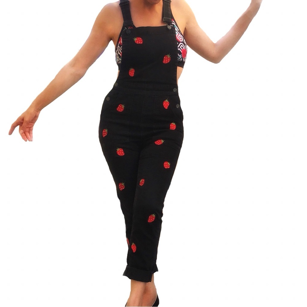 Madewell Black Denim Strawberry Embroidered Overalls Jumpsuit
